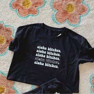 Black Graphic Crop Tee — "aloha bitches."